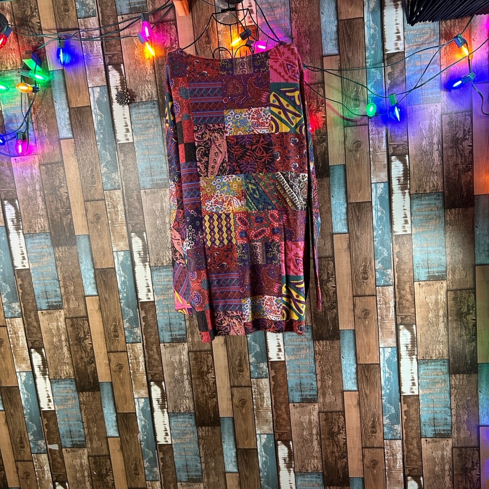 Bohemian artsy Colorful Patchwork Long Sleeve fuzzy Top - Picture 2 of 16